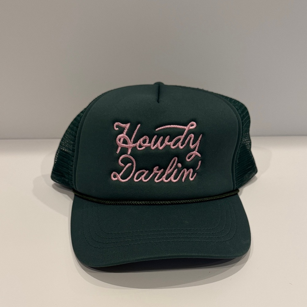 Free People Green Trucker Hat with Pink Embroidery